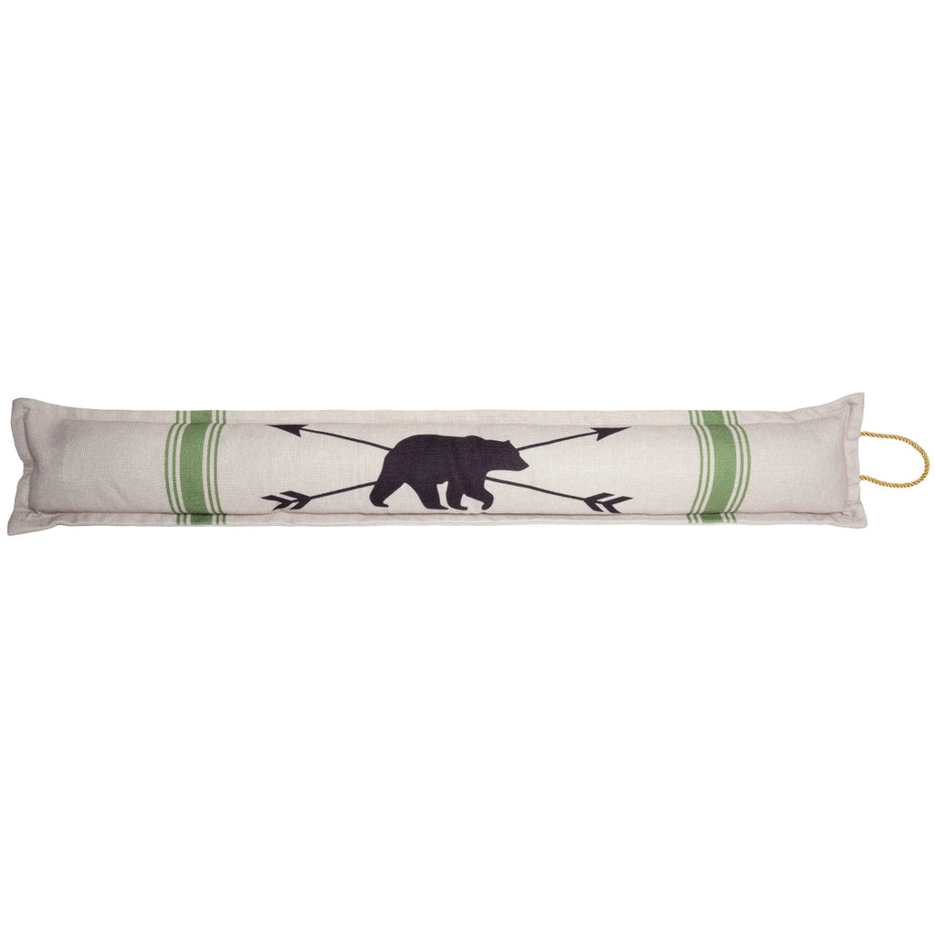 Draught excluder with log cabin style bear and arrows design.