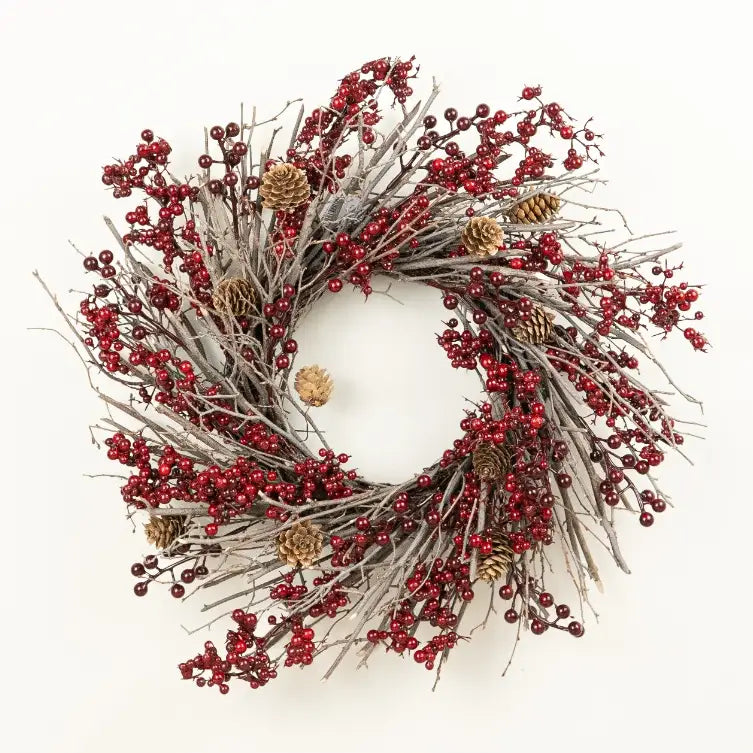 Red Berries & Pinecones Rustic Twig Wreath