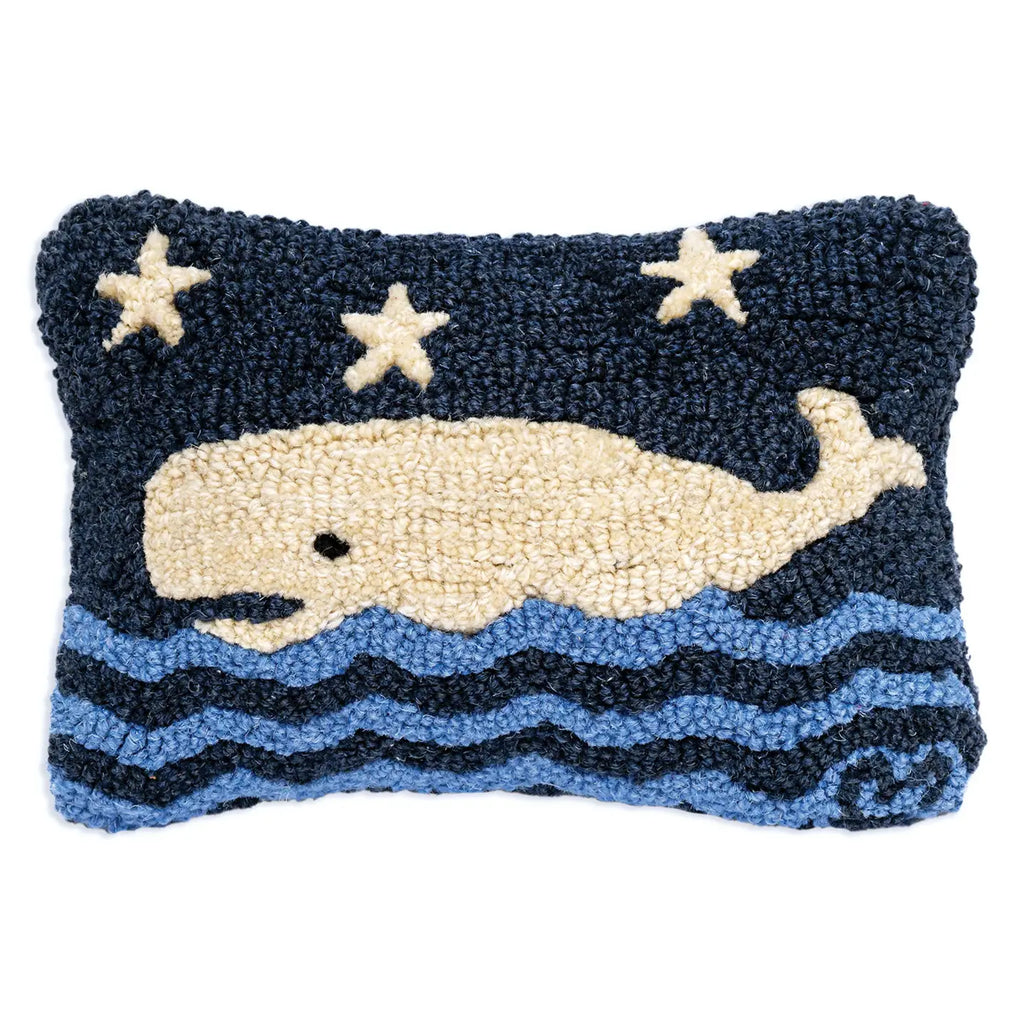 Blue Water Whale Hooked Wool Cushion