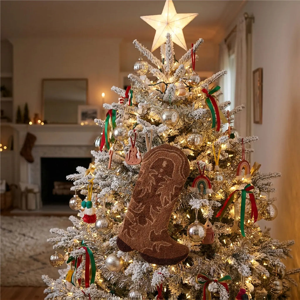 Brown Cowboy Boot Hooked Christmas Stocking