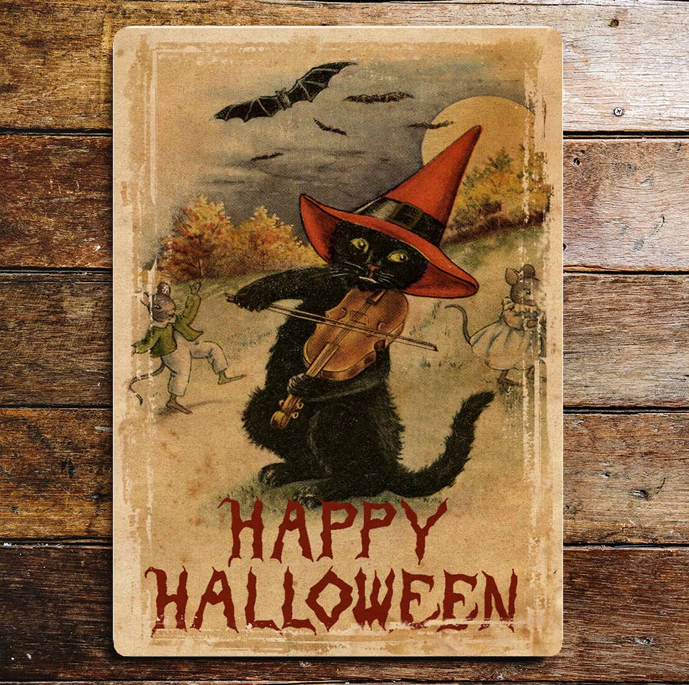 Happy Halloween Cat Metal Sign