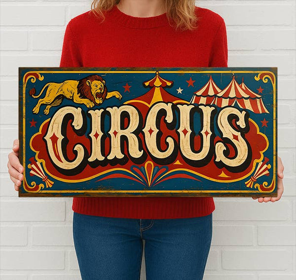 Vintage Style Circus Metal Sign with Lion & Tents