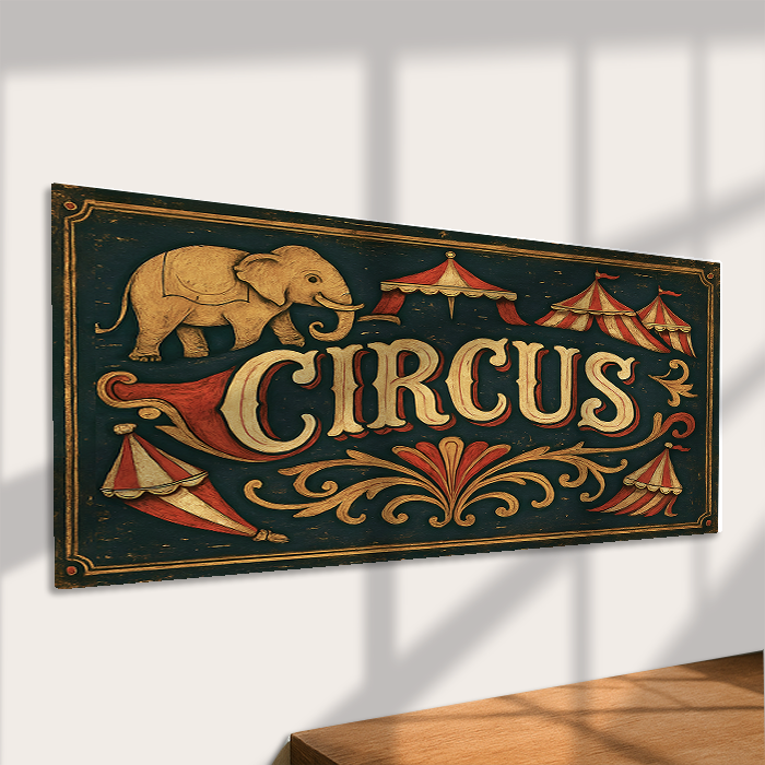 Vintage Style Circus Metal Sign with Elephant and Tents