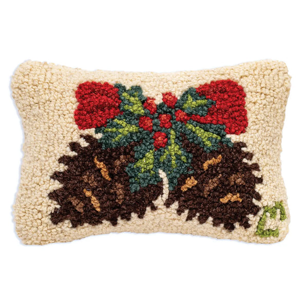 Holiday Pine Cones Hooked Wool Cushion
