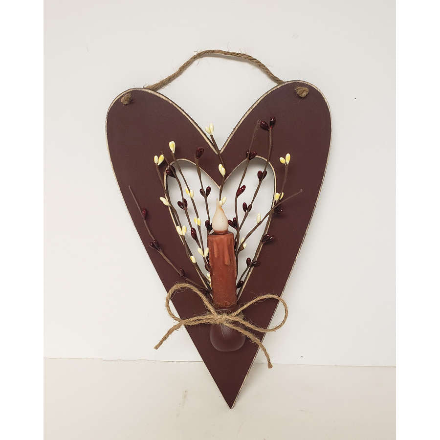 Primitive Wooden Heart & Berries with Timer Candle
