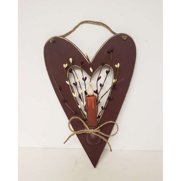 Primitive Wooden Heart & Berries with Timer Candle