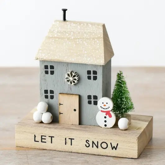 Let It Snow Wooden Block House with Snowman