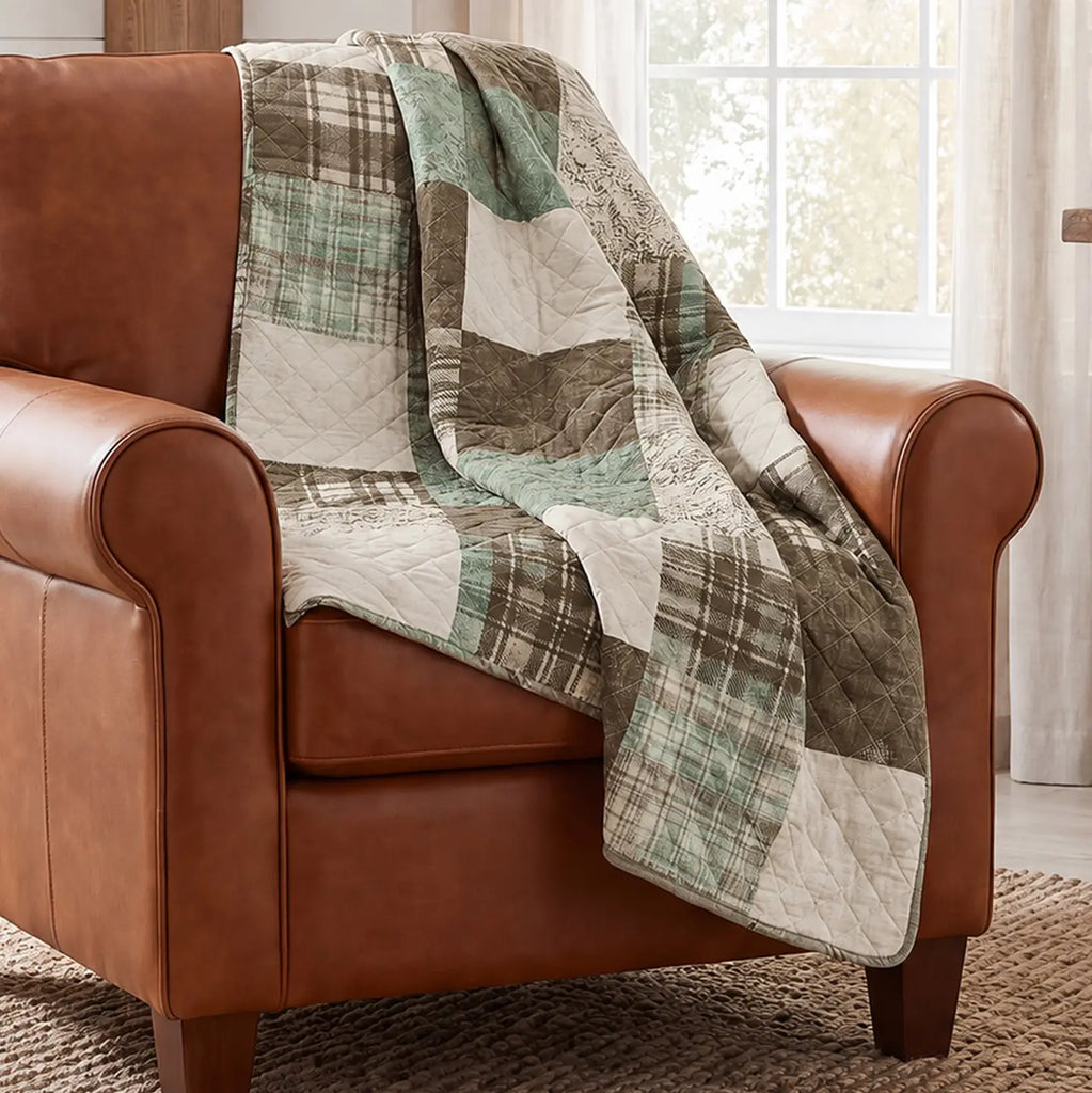 Mint Patchwork Trees Reversible Cotton Throw Quilt