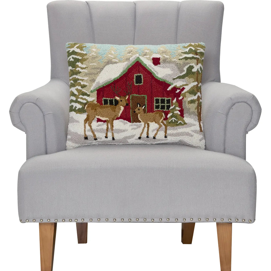 Large Cabin and Deer Hooked Cushion