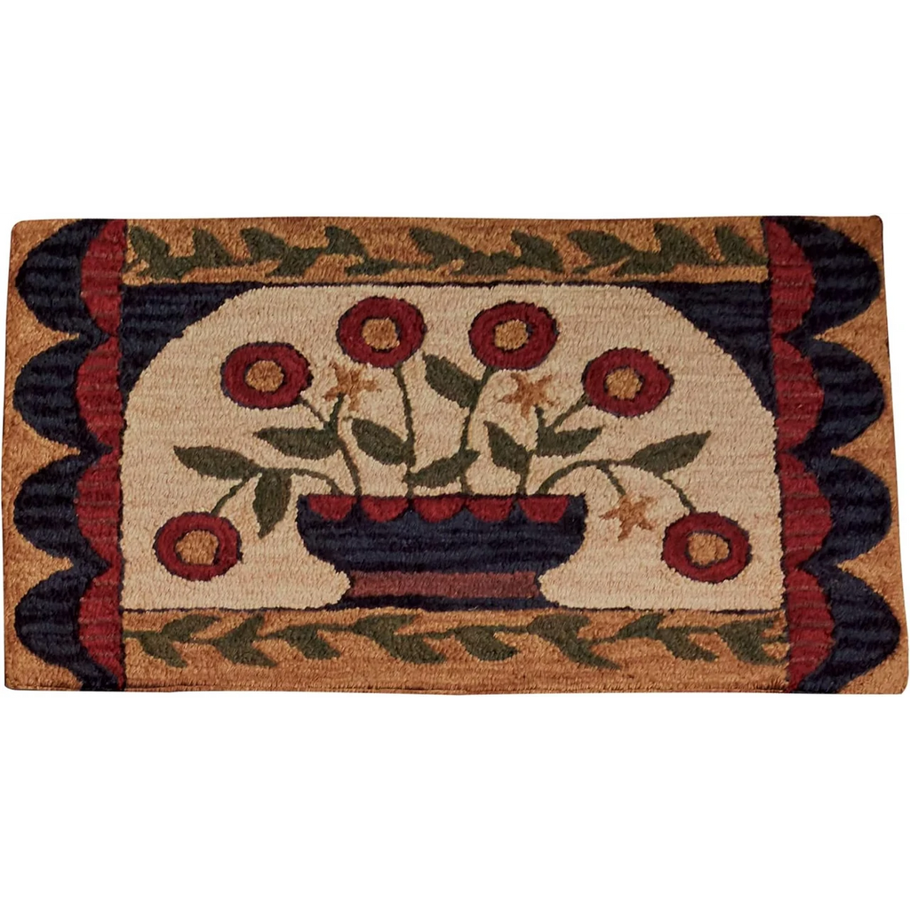 Flowers Basket Hooked Folk Art Rug