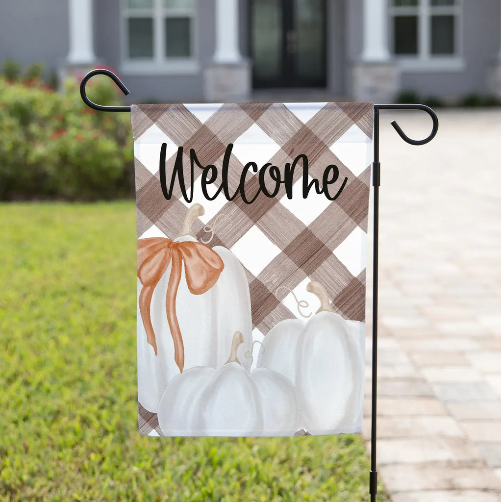 Pumpkin Welcome Garden Flag with Brown Gingham