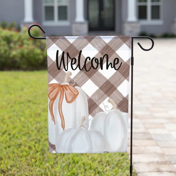 Pumpkin Welcome Garden Flag with Brown Gingham