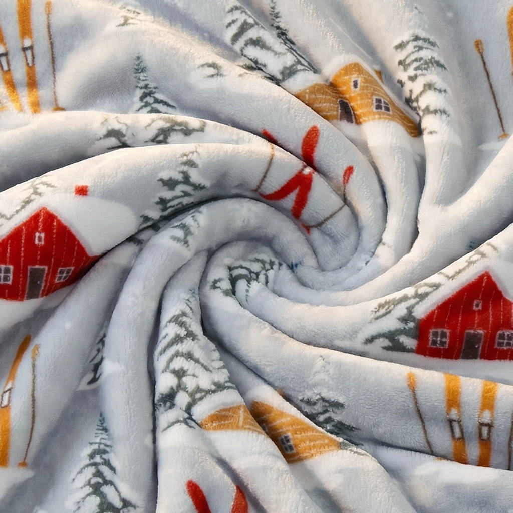 Snowy Cabin and Skis Plush Throw