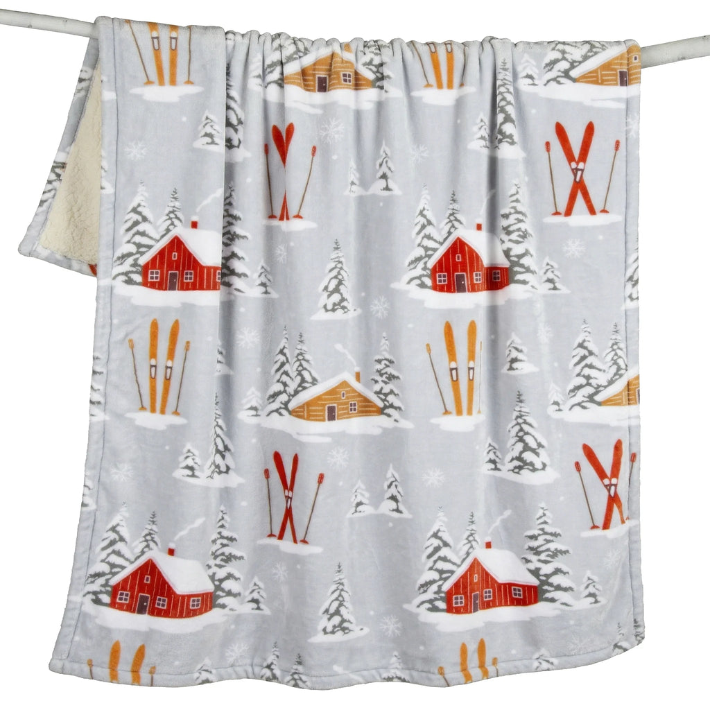 Snowy Cabin and Skis Plush Throw