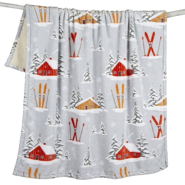 Snowy Cabin and Skis Plush Throw