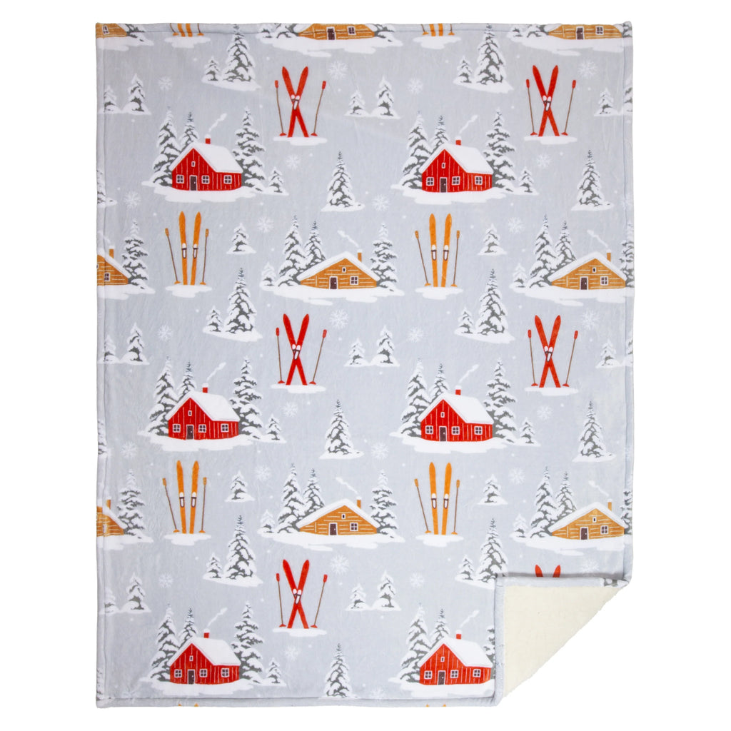 Snowy Cabin and Skis Plush Throw