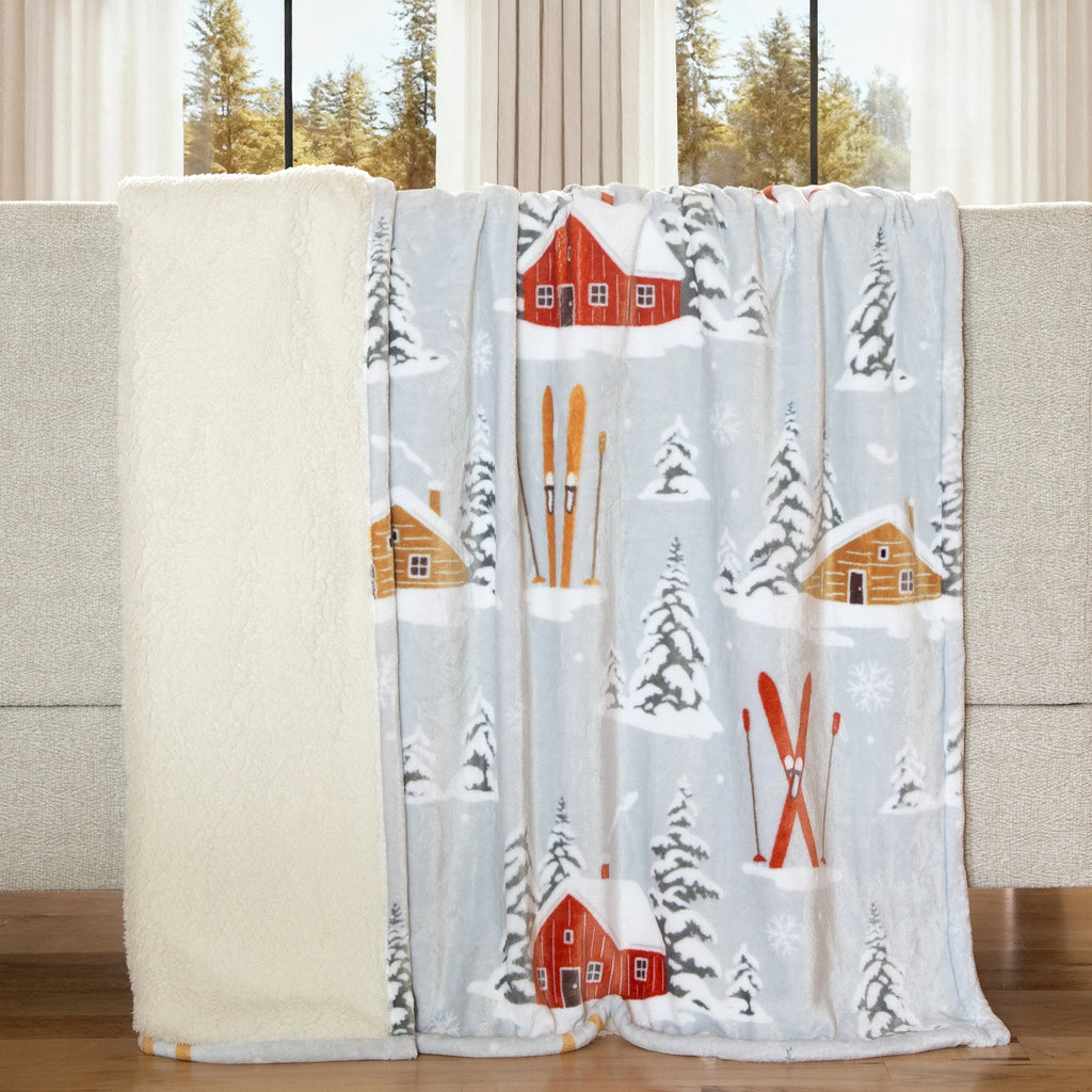 Snowy Cabin and Skis Plush Throw