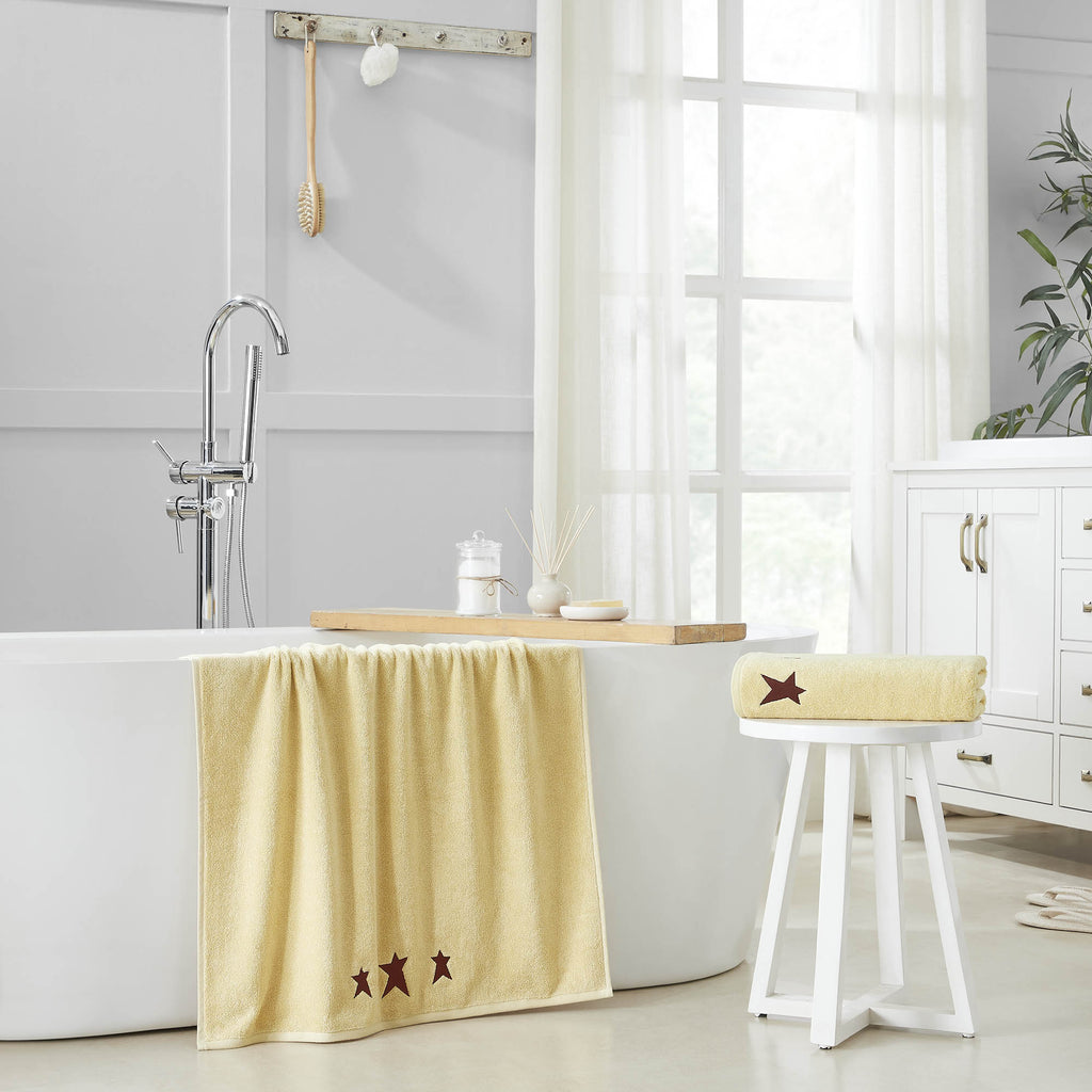Cream Bath Towel with Burgundy Primitive Stars