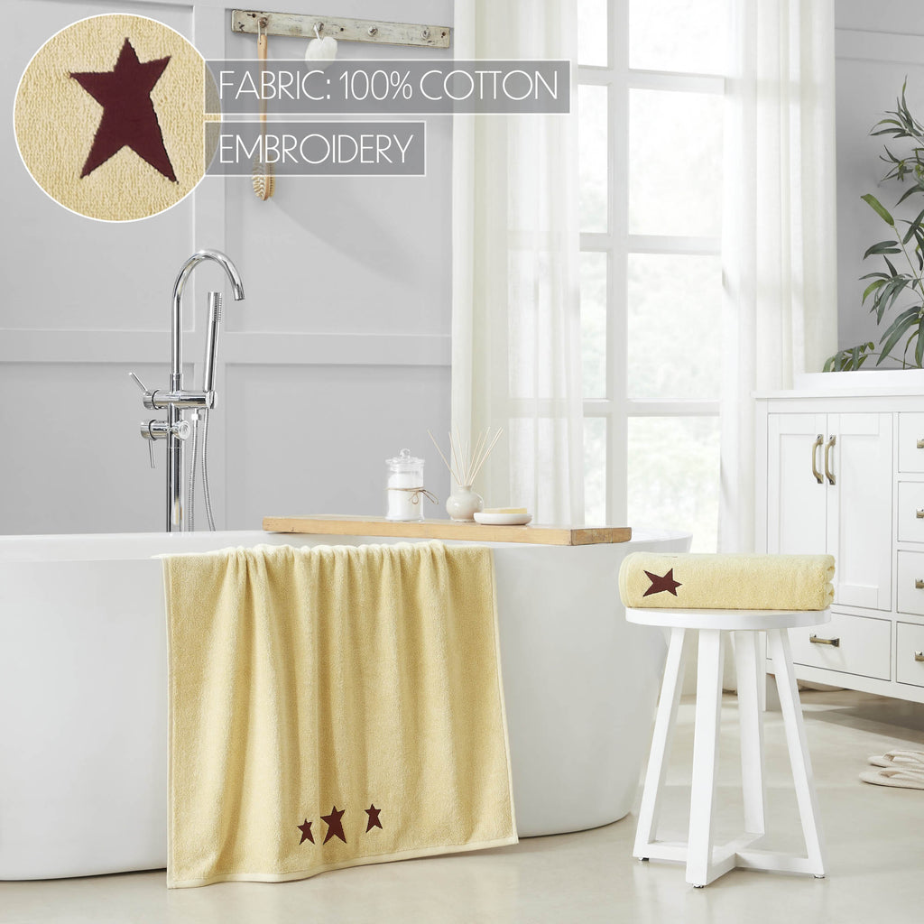 Cream Bath Towel with Burgundy Primitive Stars