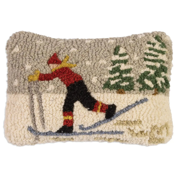 Classic XC Skier Hooked Wool Cushion