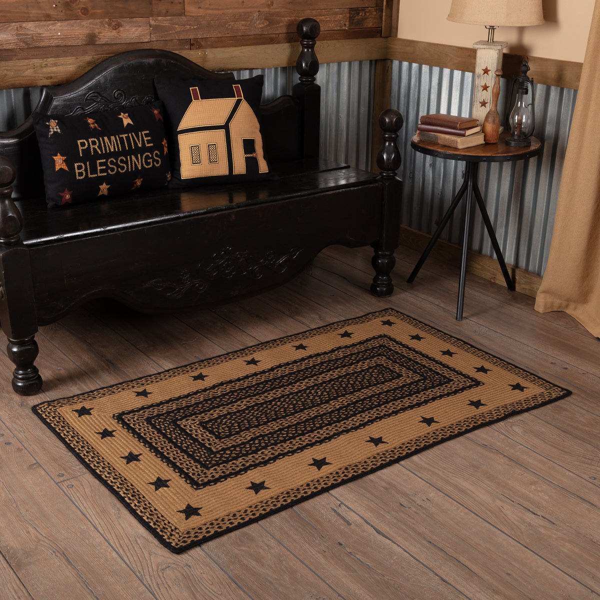 thumbnail interactive-video image 1 of VHC Brands Farmhouse Star Jute Rug | Black & Tan Braided Accent Mat 20x30 1 of 4