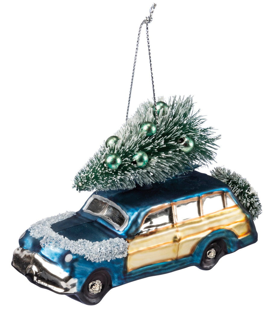 Blue Retro Wagon with Brush Tree Ornament - Olde Glory