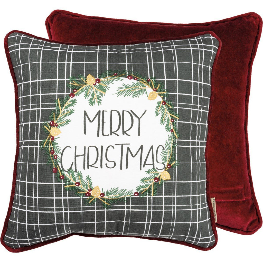 Merry Christmas Wreath Cushion with Velvet Back - Olde Glory