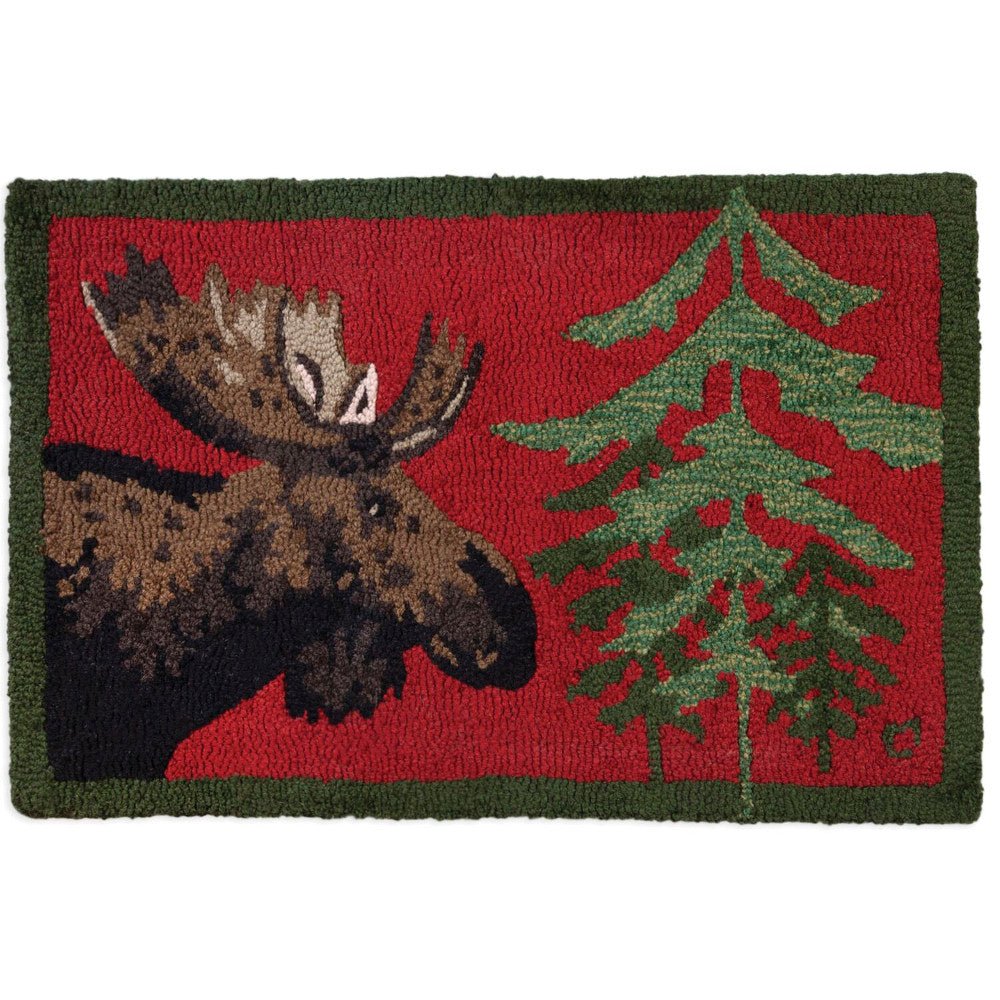 Moose and Pine Tree Hooked Rug - Olde Glory