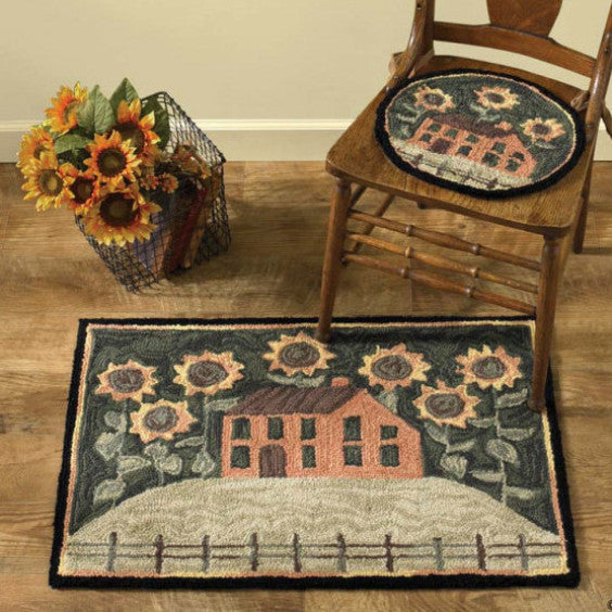House and Sunflowers Hooked Folk Art Rug