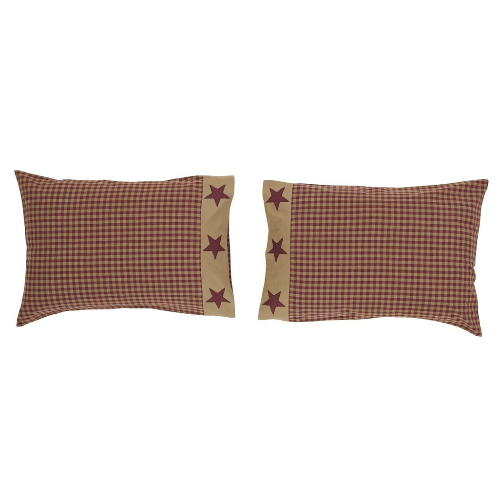 Set of 2 Ninepatch Star Burgundy Check Pillow Cases - Olde Glory