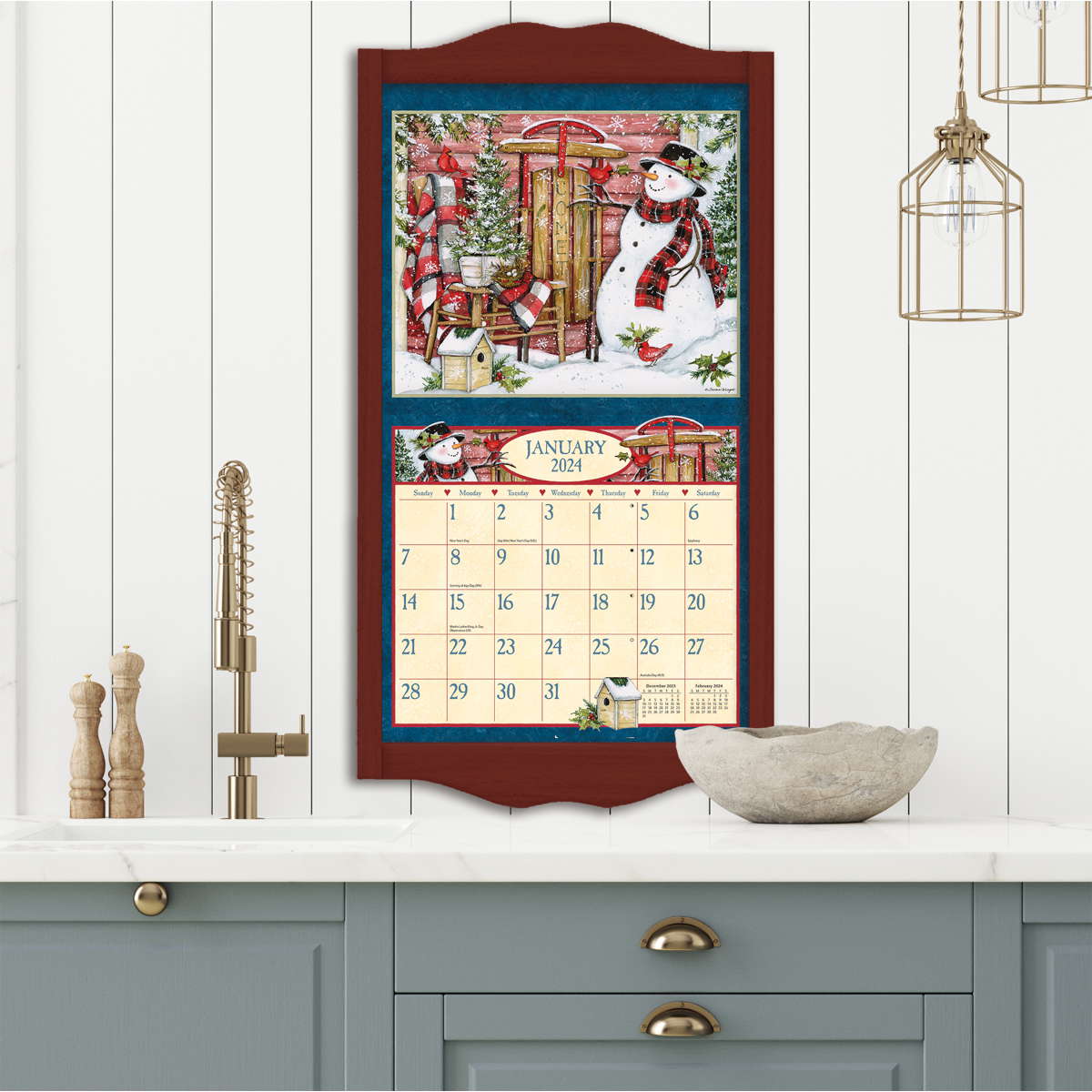 Vintage Red Wooden LANG Wall Calendar Frame at Olde Glory UK