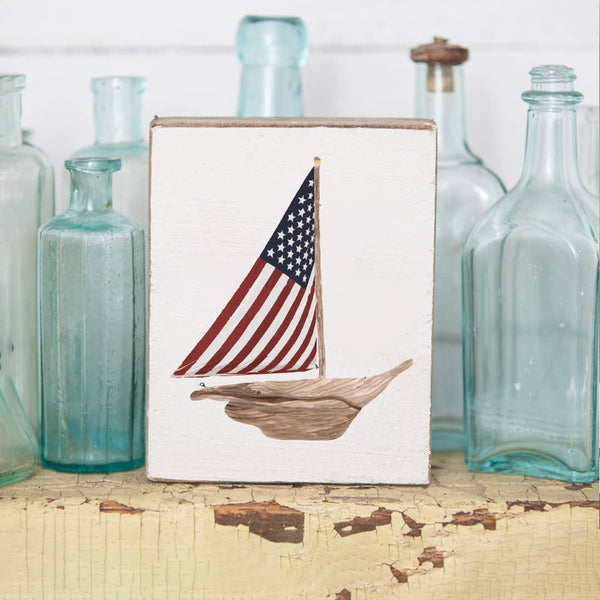 Watercolor Flag Sailboat Decorative Wooden Block - Olde Glory